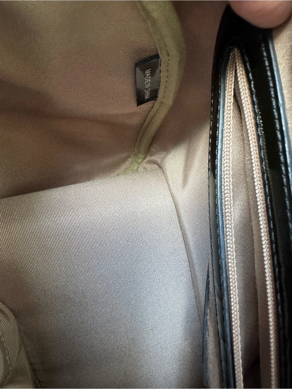 Burberry Beige Check Satchel with Black Patent Handles and Maroon Accents